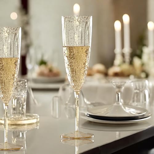 Oojami 6 Oz Gold Glitter Plastic Champagne Glasses 24 Pack Hard Disposable Plastic Champagne Flute Ideal for Home Daily Li...