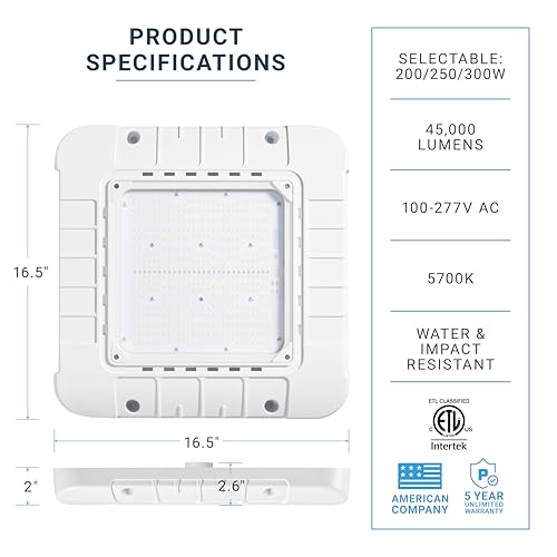 Parmida LED Canopy Light, Wattage Selectable (200/250/300W), ETL, 0-10V Dimmable, 100-277VAC, IP65 Waterproof, 5700K, 16....