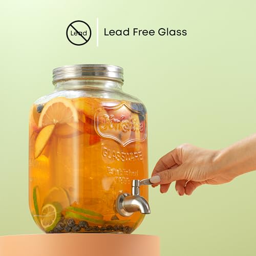 1-Gallon Drink Dispenser. Glass Beverage Dispenser with Stainless steel Spigot plus Ice Cylinder and Fruit Infuser! Water ...