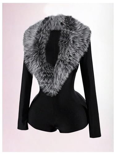 WDIRARA Women's Faux Fur Deep V Neck Long Sleeve Romper Fuzzy Bodycon Shorts Jumpsuit Rave Party