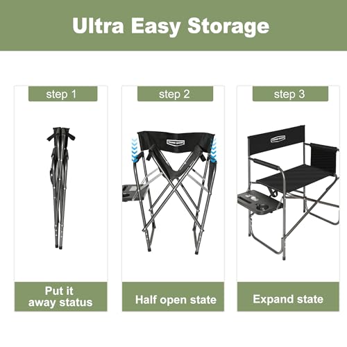 YOUNG WOOD Camping Directors Chair, Lightweight Oversized Portable Folding Chair with Side Table and Storage Pockets for O...
