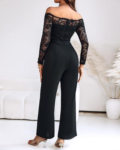 CHICME Womens Dressy Jumpsuits Casual One Piece Outfits Off Shoulder Lace Trim Overalls Straight Leg Pants