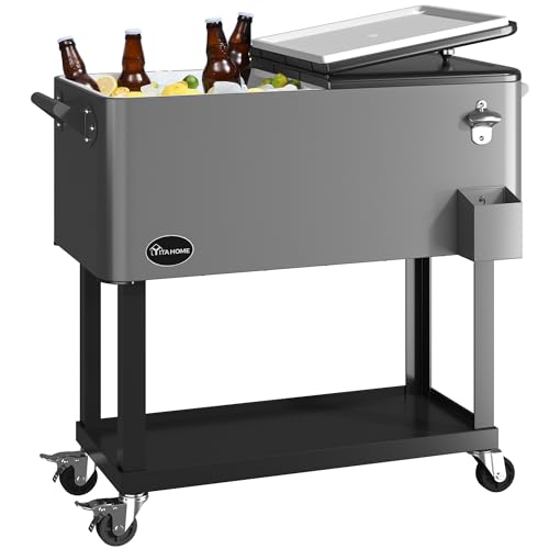YITAHOME 80 Quart Patio Cooler Cart with Bottle Opener Drainage, Portable Rolling Beverage Cart for Outdoor Drink Cooler, ...