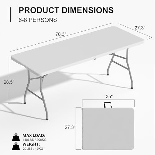 TRINEAR 6FT Folding Table, Portable Plastic Folding Table, Foldable Dining Tables with Carrying Handle for Party, Picnic, ...