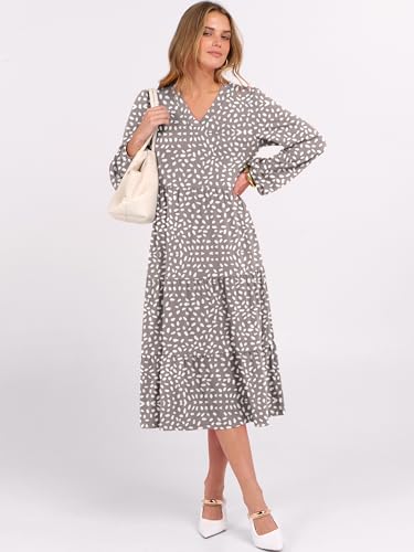 ANRABESS Women's Long Lantern Sleeve Floral Midi Dresses 2026 Spring V Neck Casual Flowy A-line Tiered Boho Vacation Dress