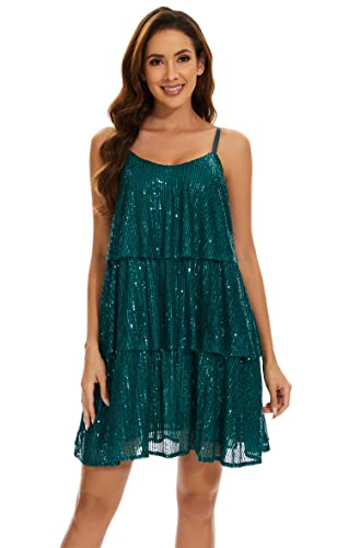 FANSI NOVA Women's Glitter Sequin Dress Adjustable Spaghetti Strap V Neck Fashion Sparkle Layered Evening Party Dress