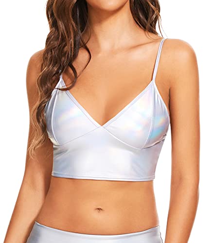 Vinaderhom Women's Metallic Crop Top Shiny Rave Bra for Dance Festivals Costumes