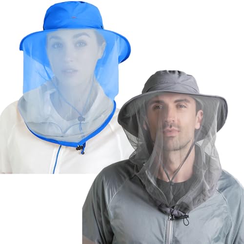 Peicees 2Pcs Head Net Hats for Men Women Adventure Fishing Hat Safari Hat for Hunting Camping Hiking, Blue and Dark Gray
