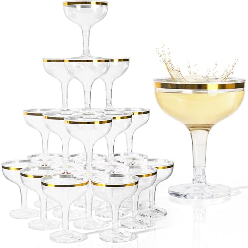 RYTOXILO Champagne Tower Glasses, 50 Pack 5.4 fl oz Plastic Coupe Glasses for Parties with Gold Rimmed, Disposable Clear A...