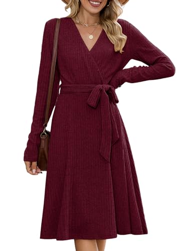 ZAFUL Women's 2025 Casual V Neck Long Sleeve Sweater Dress Wrap Ribbed Knit Pleated Midi Dresses with Belt