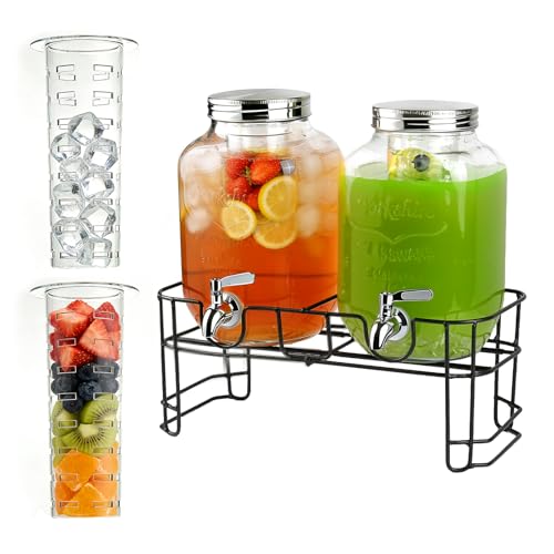 GVUHR 1 Gallon Drink Dispenser 2 Pack with Stand - Glass Beverage Dispenser for Parties, Juice, Water - Includes Spigot an...