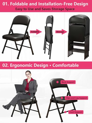 KAOCHA Black Padded Folding Chairs with Cushion 4 Pack, Heavy Duty Steel Metal Frame Foldable Chair for Indoor and Outdoo...
