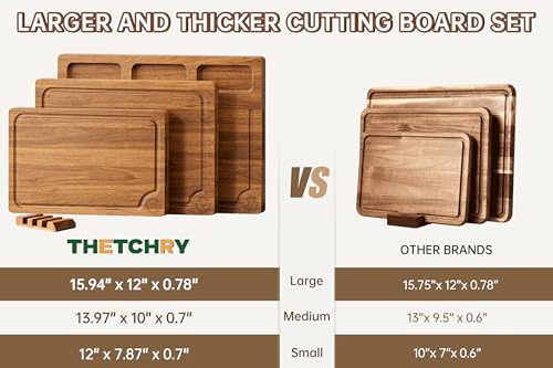 THETCHRY Acacia Wood Cutting Board Set,Thick Wooden Cutting Board for Kitchen with Holder,Chopping Board with Deep Groove...