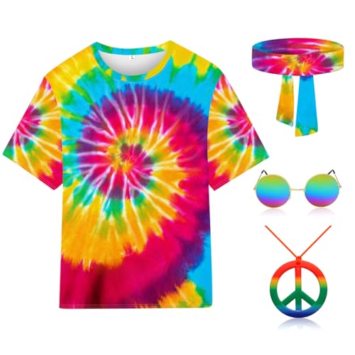 kooirsp Hippie Costume for Men Women 4PCS Mens 60s 70s Outfit Set Colorful Hippie Shirt Sunglasses Headband Peace Necklace