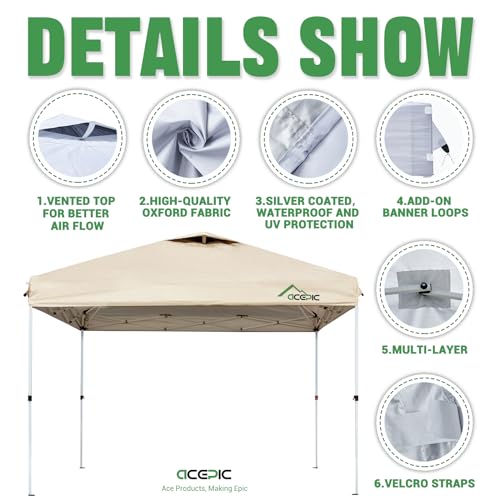 ACEPIC 10x10 Canopy Replacement Top Cover with Air Vent,UPF 50+ UV protection,300D Silver-coated Polyester PA Waterproof f...