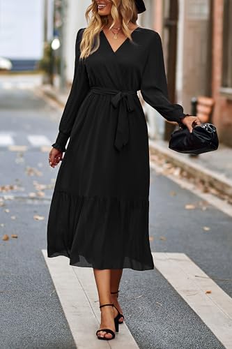 PRETTYGARDEN Women's Floral Boho Dress Fall Long Sleeve Wrap V Neck Ruffle Flowy Maxi Spring Wedding Guest Vacation Dresses