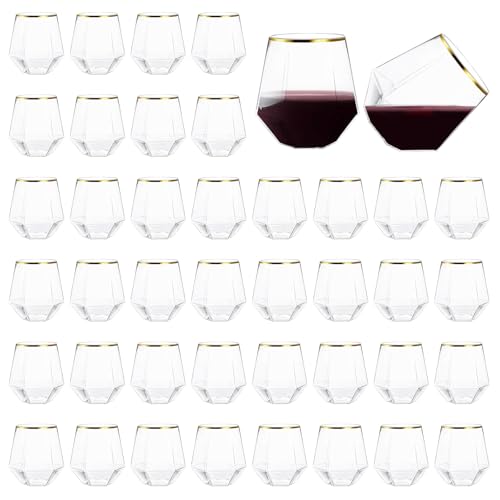 Hyuetrsa 40 Pcs Plastic Wine Cups,12 Oz Gold Rim Plastic Diamond Wine Glass Disposable Stemless Wine Glasses Unbreakable D...