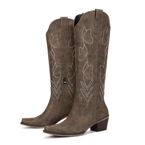 wetkiss Cowboy Boots for Women Knee High Cowgirl Boots - Butterfly Embroidered Zipper Chunky Heel Boot, Casual, Festivals,...