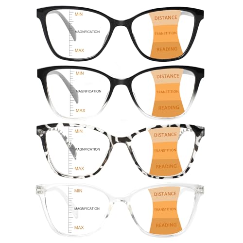 VisiWell 4 Pack Progressive Multifocus Reading Glasses for Women Men Blue Light Blocking Readers with Spring Hinge