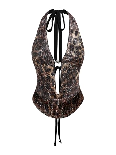 Verdusa Women's Cheetah Print Sequin Top Y2K Tie Back Corset Halter Going Out Crop Tops
