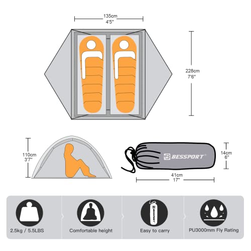 Bessport Camping Tent for 2-3 Person, Lightweight Backpacking Tent Waterproof Windproof Two Doors Easy Setup Double Layer ...