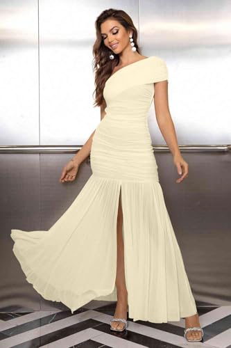 LAGSHIAN Women's Elegant Formal Long Dress One Shoulder Sleeveless Ruched Bodycon Evening Dress
