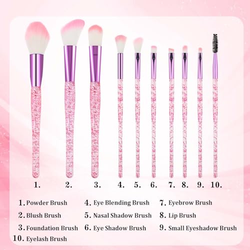 10 PCS Glitter Crystal Makeup Brush Set Cute Makeup Brushes Bling Professional Concealer Eye Shadow Eyeliner Blush Lip Ble...