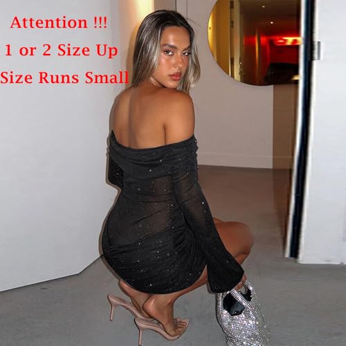 Women Sexy Off Shoulder Bodycon Mini Dress Mesh Sheer Ruched Sparkly Flared Long Sleeve Y2K Dress Club Night Out Dresses