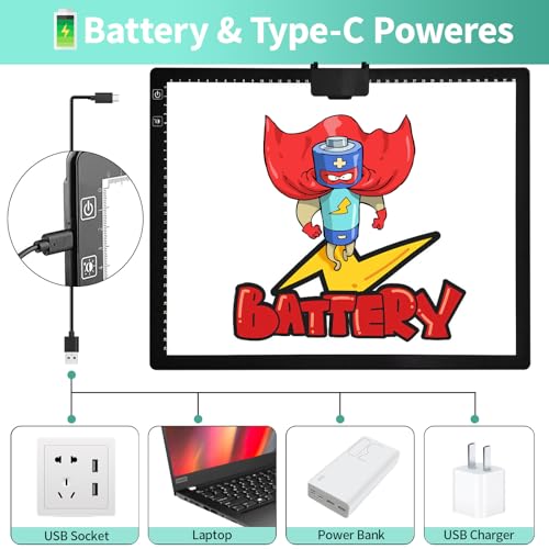 A3 Light Pad - Rechargeable Diamond Painting Light Board with Stand, 3 Colours Stepless Dimmable 6 Levels Brightness Traci...