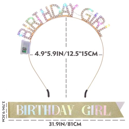 Aceorna Light Up Birthday Girl Headband Gold Rhinestone Crown and Sash Led Birthday Accessories Sets for Women