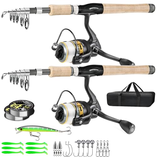 2PCS Fishing Pole Combo,Carbon Fiber Fishing Pole ，12 +1 Shielded Bearings Stainless Steel BB Spinning Reels Fishing Carri...