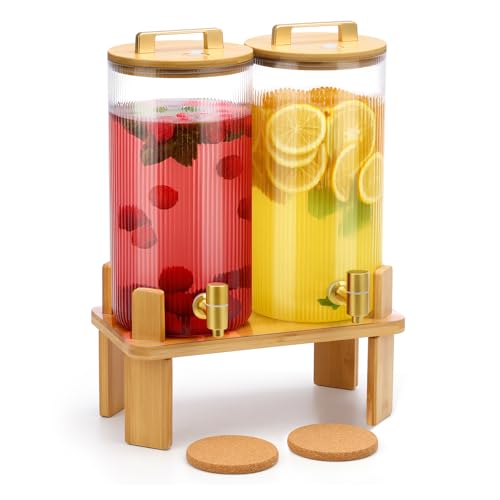 1.5 Gallon Glass Drink Dispensers for Parties, 2 PCS Beverage Dispenser With Wood Stand,Vertical Stripes Glass Lemonade Di...