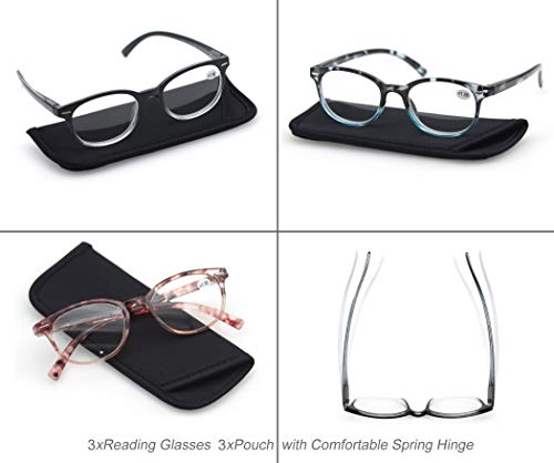 MODFANS Reading Glasses 2.5 Women 3 Pack Spring Hinge Fashion Round Stylish for Reading with Pouch
