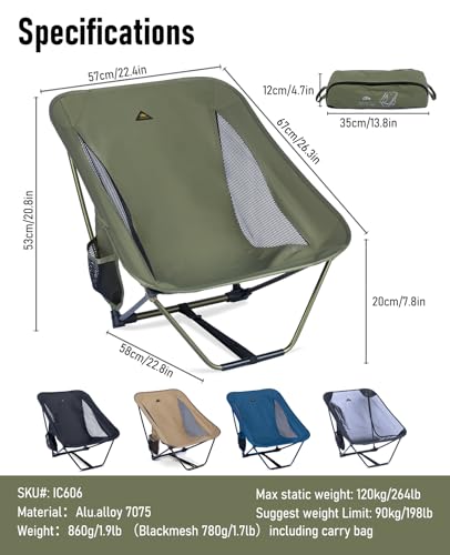 iClimb Low Ultralight Compact Camping Folding Chair with Side Pocket and Carry Bag (Green)