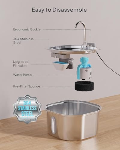 PEKTACO Stainless Steel Cat Water Fountain, 3.2L/108oz Cat Water Dispenser with Ultra-Quiet Water Pump and Water-Level Win...