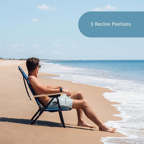 CleverMade Kove Midnight Black Beach Camping Chair, Hands Free Carrying Strap + Real Wood Handles & 2 Cup Holders, Foldabl...