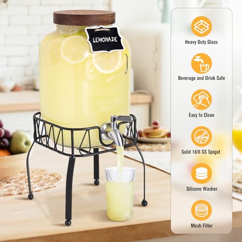 Mustry Glass Drink Dispenser for Parties, 1 Gallon Beverage Dispenser with Stand and Spigot Solid Stainless Steel, Used as...