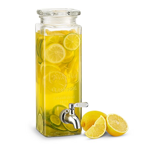 Kook Glass Drink Dispenser, with Leak-Proof Stainless Steel Spigot, Clear Rectangular Mason Jar, Beverage Storage for Frid...