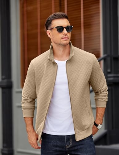 COOFANDY Mens Zip Up Sweatshirt Mock Neck Quilted Jacket Casual Lightweight Sweater Jackets with Pocket