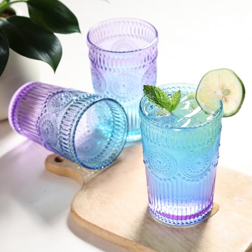 Loivttvv 6pcs Vintage Drinking Glasses Set, 12 oz Glass Cups, Embossed Ribbed Glassware Drinking Glasses for Cocktail, Wat...