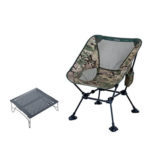 iClimb 1 Anti-Sinking Large Feet Chair and 1 Solo Mini Folding Table Bundle, Ultralight Compact for Solo Person Outdoor Ba...