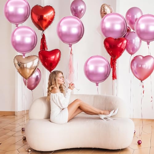 6Pcs Pink Round Foil Balloons,Giant 4D Round Ball Balloons,22 Inch Metallic Pink Balloon for Birthday Wedding Graduation P...