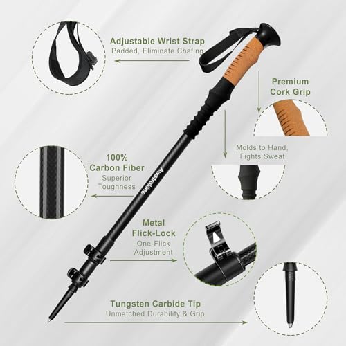 100% Carbon Fiber Hiking Trekking Poles - Ultra Strong Carbon Hiking Sticks with Cork Grips & Quick Flip Locks, 2 Pcs Ligh...