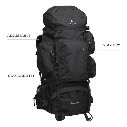 Teton 85L Explorer Internal Frame Backpack for Hiking, Camping, Backpacking, Rain Cover Included, Black