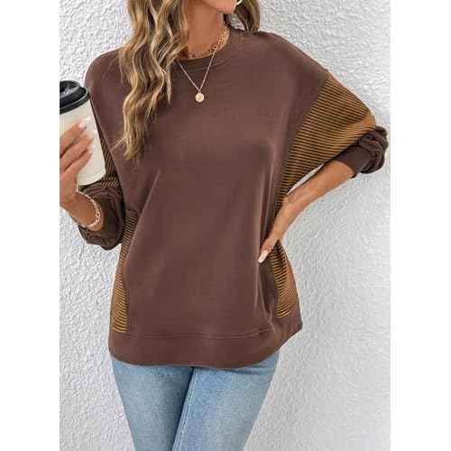 Dokotoo Casual Crewneck Sweatshirt for Women Long Sleeve Soft Knit Tops Striped Contrast Tunic Shirts Fall Winter Clothes