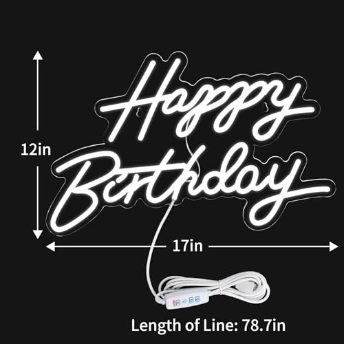 Happy Birthday Neon Sign for Wall Decor, LED Happy Birthday Light Up Sign, USB Powered Dimmable Neon Light for Birthday Pa...