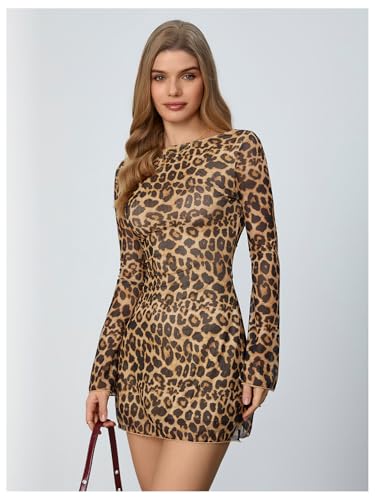 MakeMeChic Women's Cheetah Print Mini Dress Y2k Bell Sleeve Leopard Print Dress Going Out Outfits