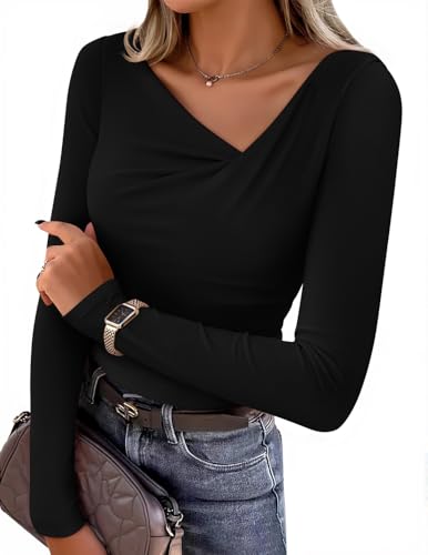 ZESICA Women's Long Sleeve Asymmetrical Neck Ruched Slim Fit Shirts 2026 Fall Fashion Casual Tee Going Out Tops