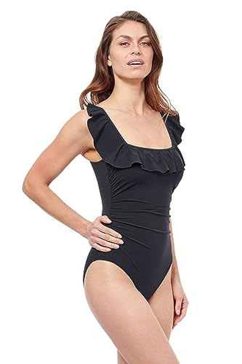 Profile by Gottex Womens Tutti Recycled Square Neck Ruffle One Piece Swimsuit, Black, 14 US
