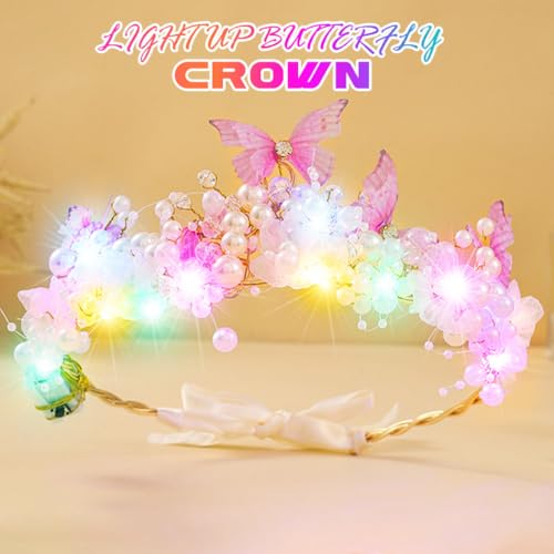 Catery Light Up Butterfly Tiara Flower Crown Fairy Princess Headband for Girls